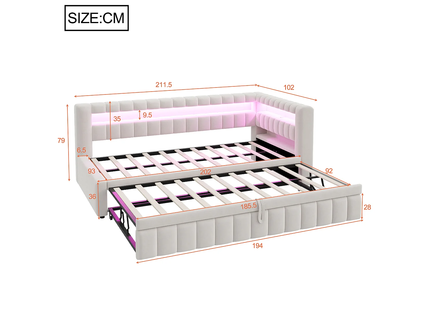 Upholstered trundle bed 90 x 200 cm + 90 x 190 cm with compartments, LED and USB ports - Velvet + metal - Beige (Mattress not included)