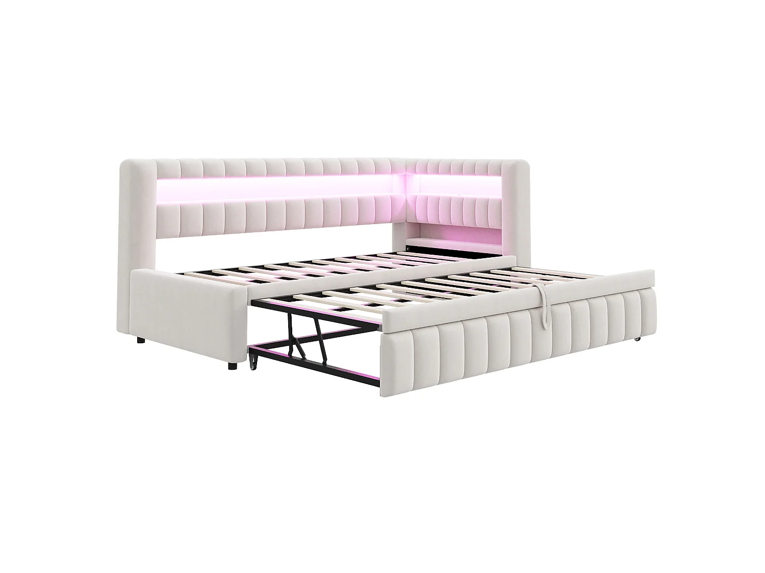 Upholstered trundle bed 90 x 200 cm + 90 x 190 cm with compartments, LED and USB ports - Velvet + metal - Beige (Mattress not included)