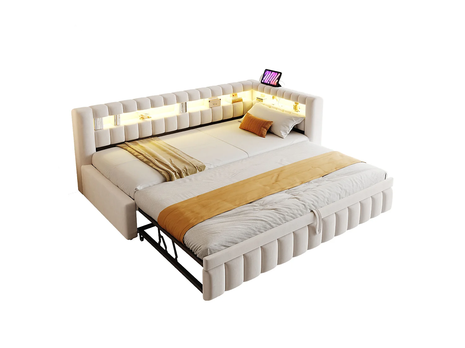Upholstered trundle bed 90 x 200 cm + 90 x 190 cm with compartments, LED and USB ports - Velvet + metal - Beige (Mattress not included)