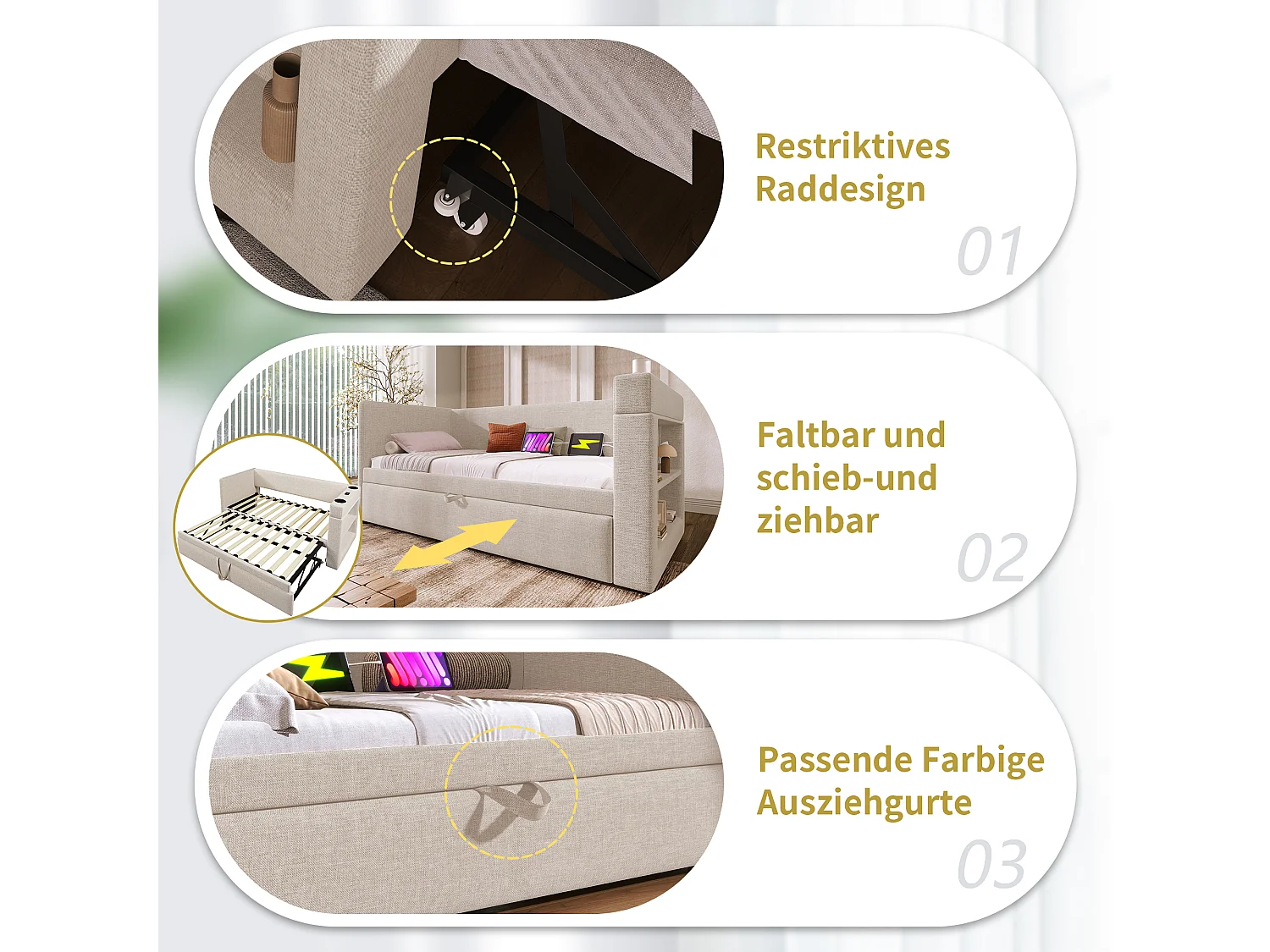 Letto estraibile 90/180 x 190 cm con 3 porte USB, USB-C, portabicchieri e ripiani portaoggetti - Cotone-lino - Beige (Materasso non incluso)