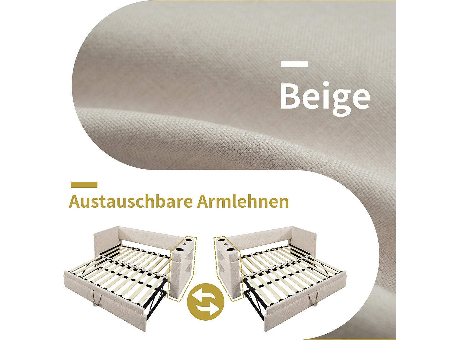 Letto estraibile 90/180 x 190 cm con 3 porte USB, USB-C, portabicchieri e ripiani portaoggetti - Cotone-lino - Beige (Materasso non incluso)