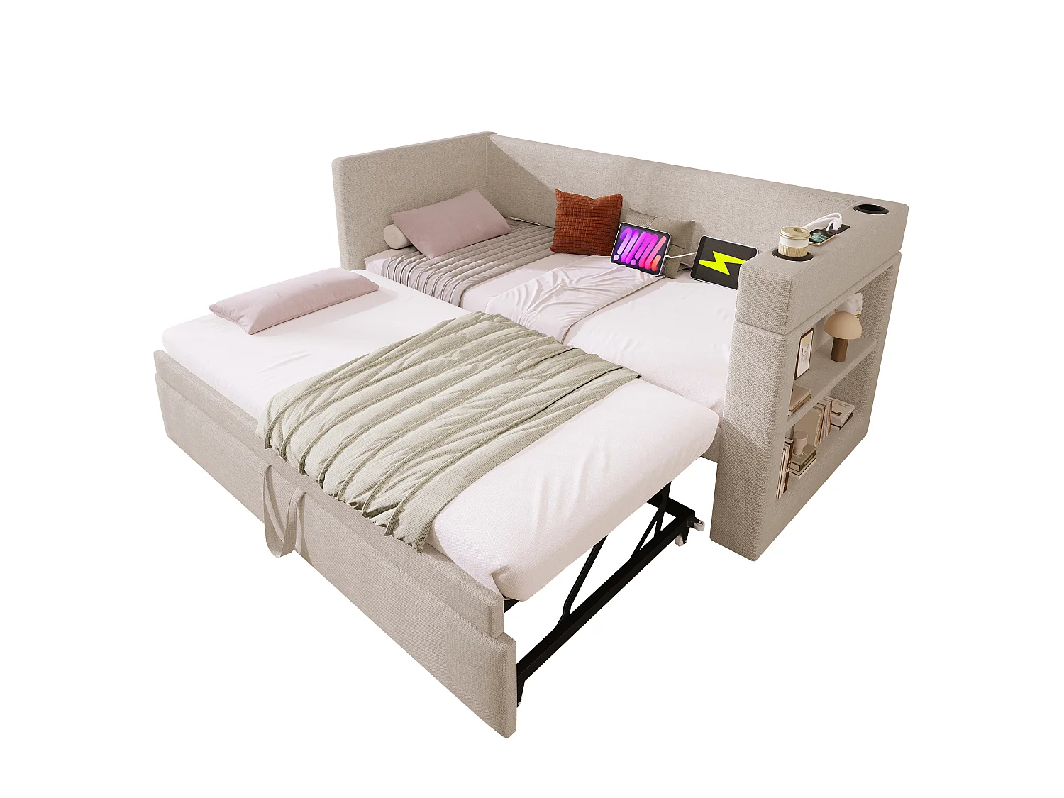Letto estraibile 90/180 x 190 cm con 3 porte USB, USB-C, portabicchieri e ripiani portaoggetti - Cotone-lino - Beige (Materasso non incluso)