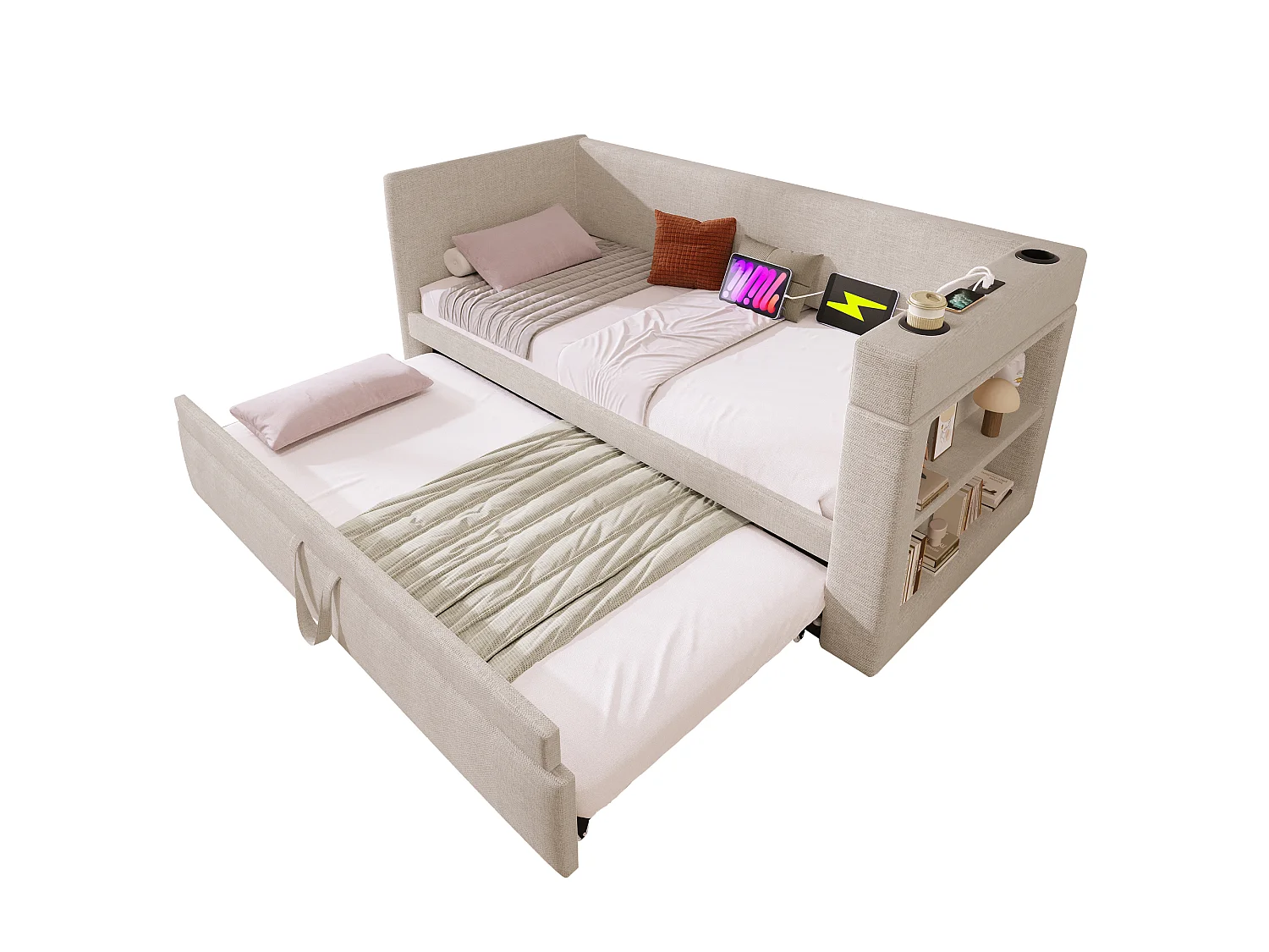 Letto estraibile 90/180 x 190 cm con 3 porte USB, USB-C, portabicchieri e ripiani portaoggetti - Cotone-lino - Beige (Materasso non incluso)
