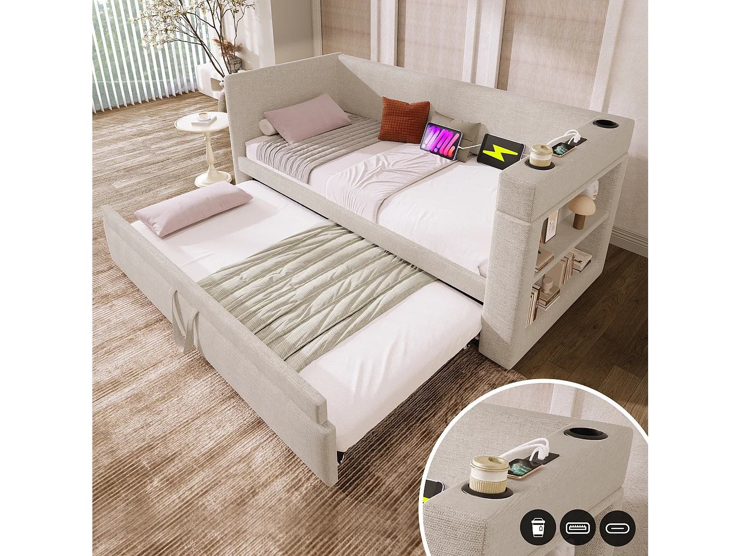 Letto estraibile 90/180 x 190 cm con 3 porte USB, USB-C, portabicchieri e ripiani portaoggetti - Cotone-lino - Beige (Materasso non incluso)
