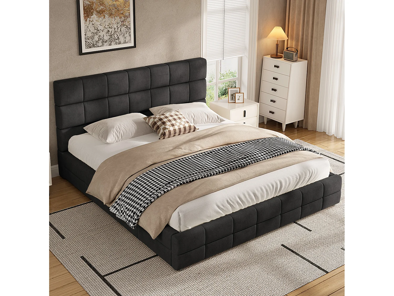 Gestoffeerd bed 180 x 200 cm met gewatteerd hoofdeinde - MDF, multiplex en fluweel - Zwart (matras niet inbegrepen)