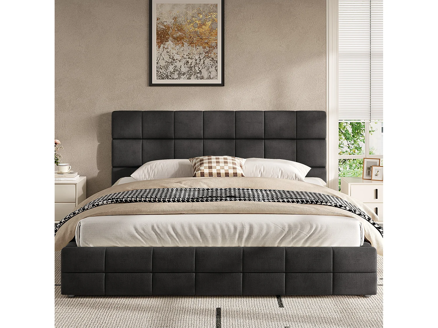 Gestoffeerd bed 180 x 200 cm met gewatteerd hoofdeinde - MDF, multiplex en fluweel - Zwart (matras niet inbegrepen)