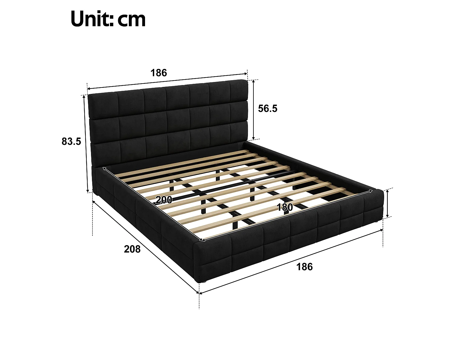 Gestoffeerd bed 180 x 200 cm met gewatteerd hoofdeinde - MDF, multiplex en fluweel - Zwart (matras niet inbegrepen)