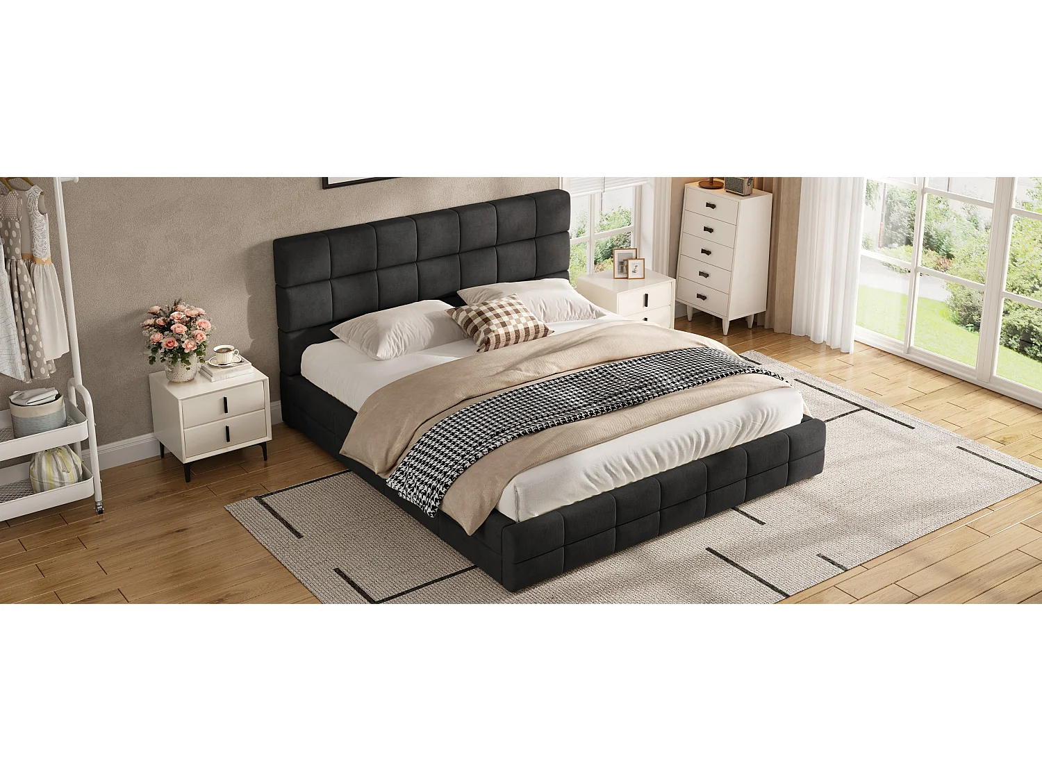 Gestoffeerd bed 180 x 200 cm met gewatteerd hoofdeinde - MDF, multiplex en fluweel - Zwart (matras niet inbegrepen)