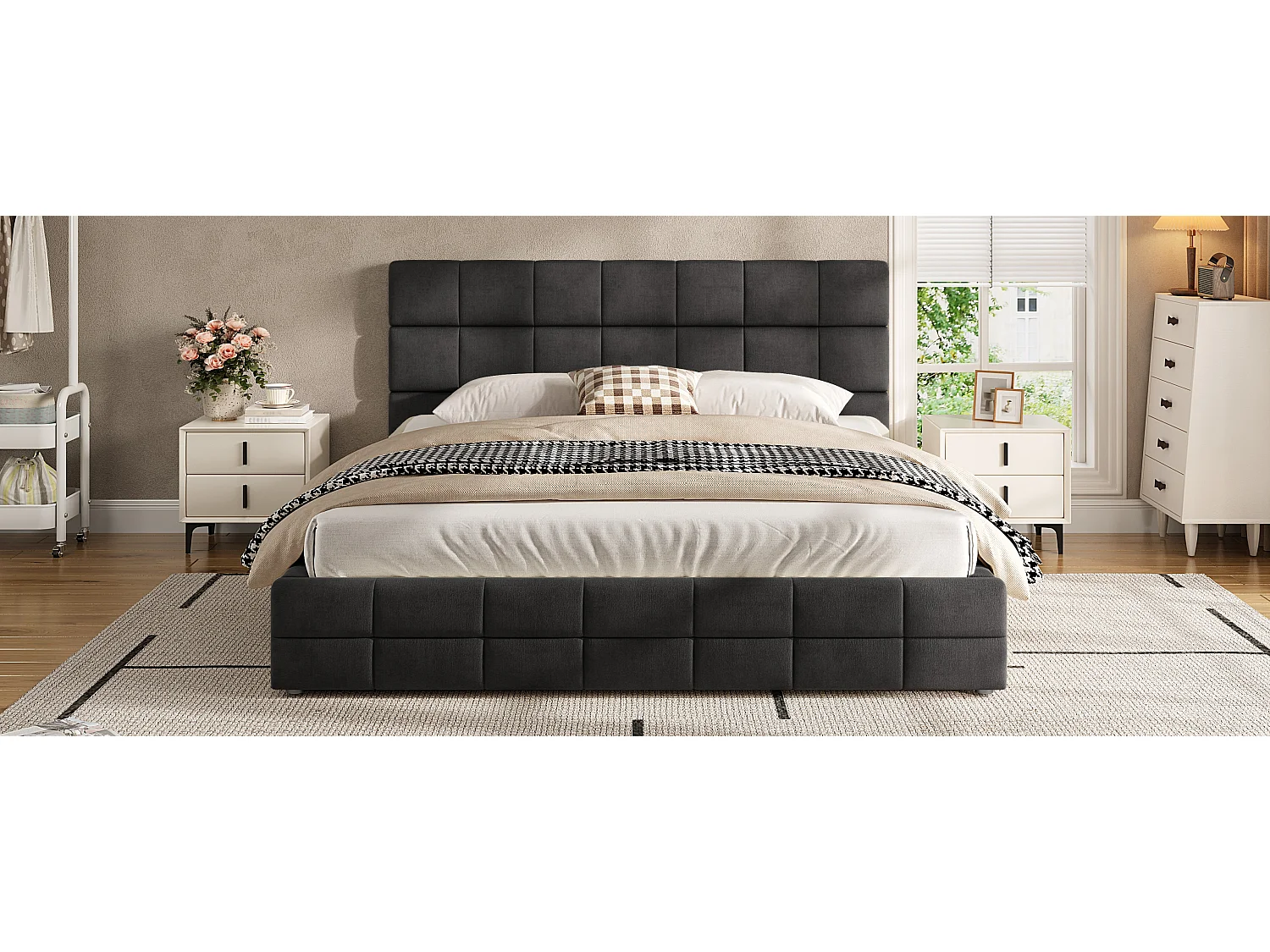 Gestoffeerd bed 180 x 200 cm met gewatteerd hoofdeinde - MDF, multiplex en fluweel - Zwart (matras niet inbegrepen)