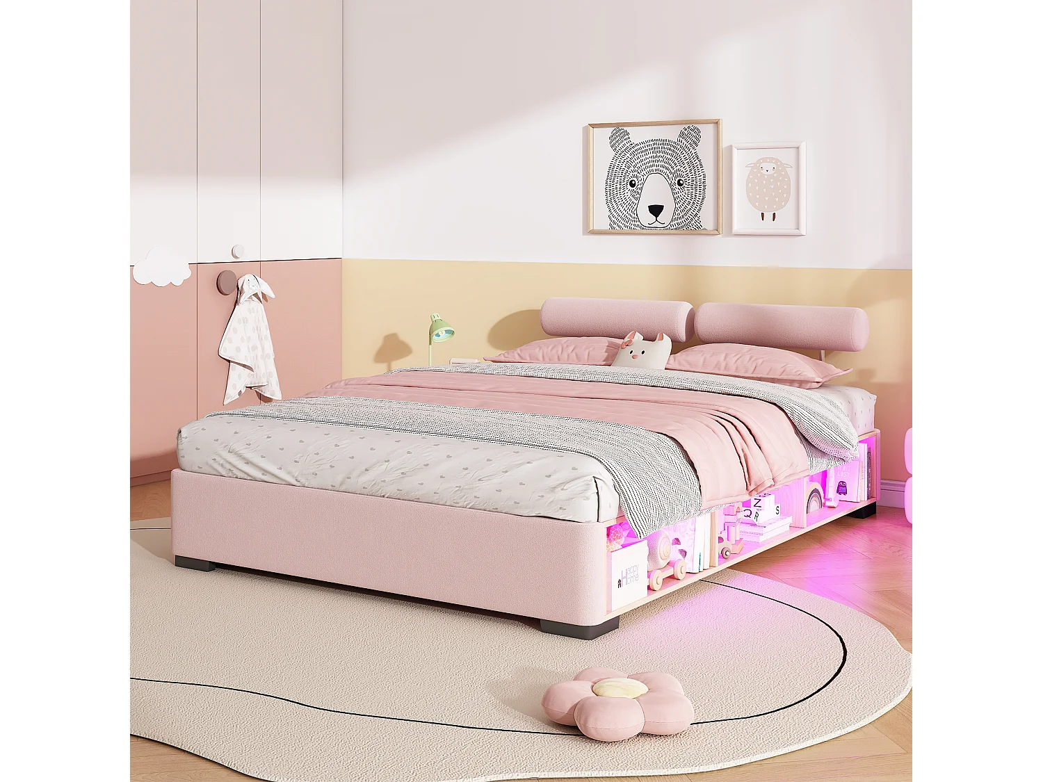 Lit capitonné 140 x 200 cm avec étagère latérale LED et rangements ouverts – Velours – Rose (Sans matelas)