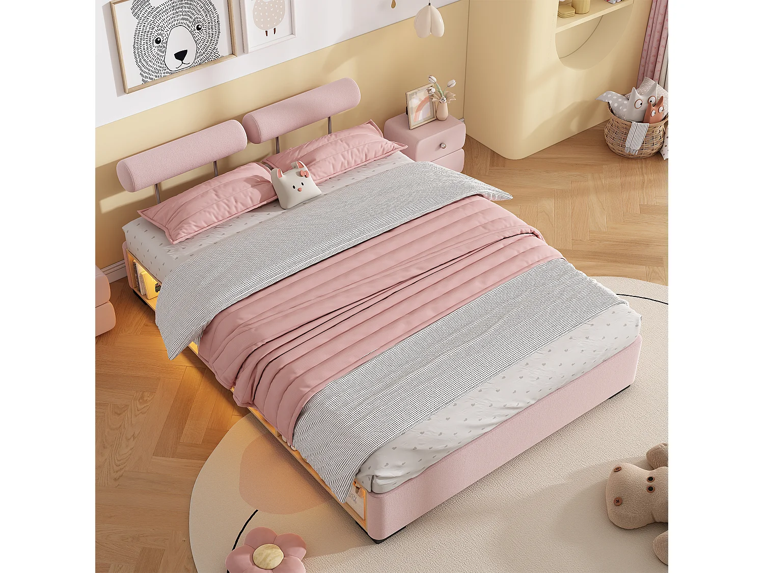 Lit capitonné 140 x 200 cm avec étagère latérale LED et rangements ouverts – Velours – Rose (Sans matelas)