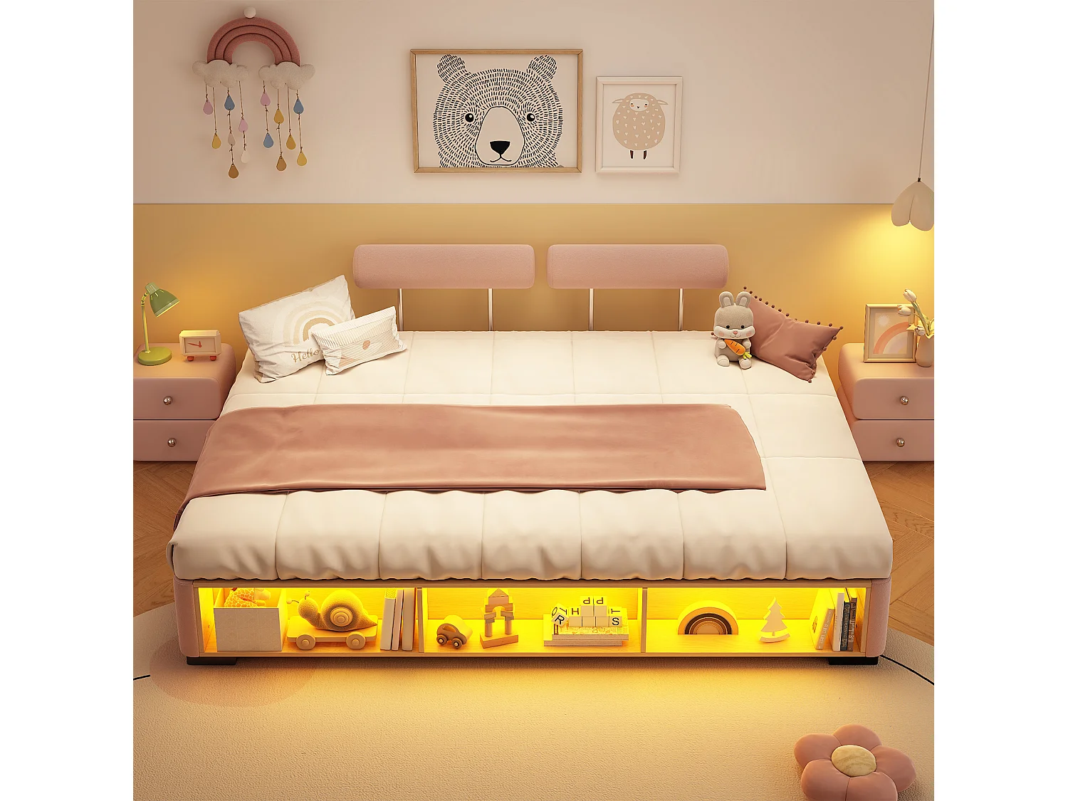 Lit capitonné 140 x 200 cm avec étagère latérale LED et rangements ouverts – Velours – Rose (Sans matelas)