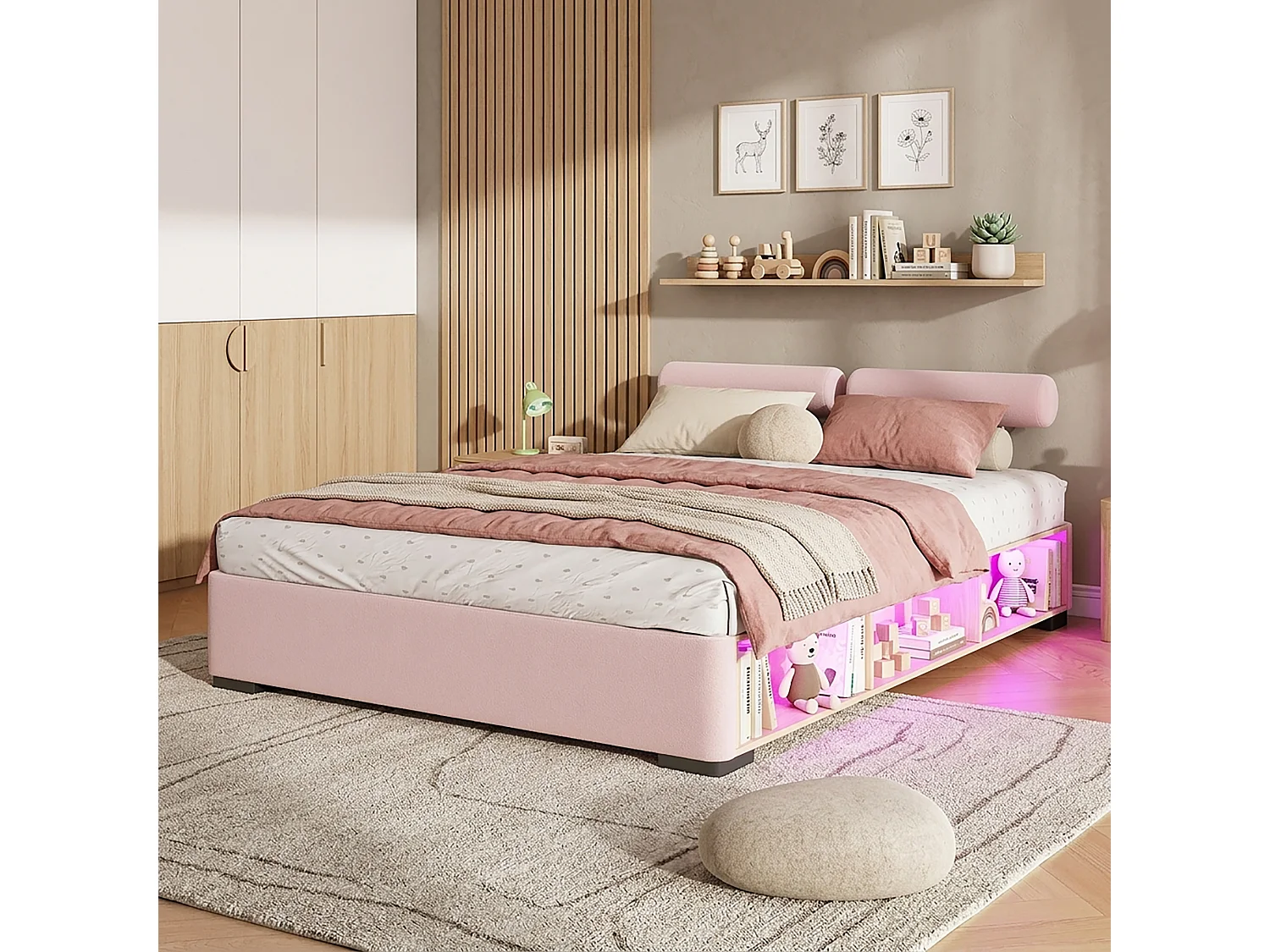 Lit capitonné 140 x 200 cm avec étagère latérale LED et rangements ouverts – Velours – Rose (Sans matelas)