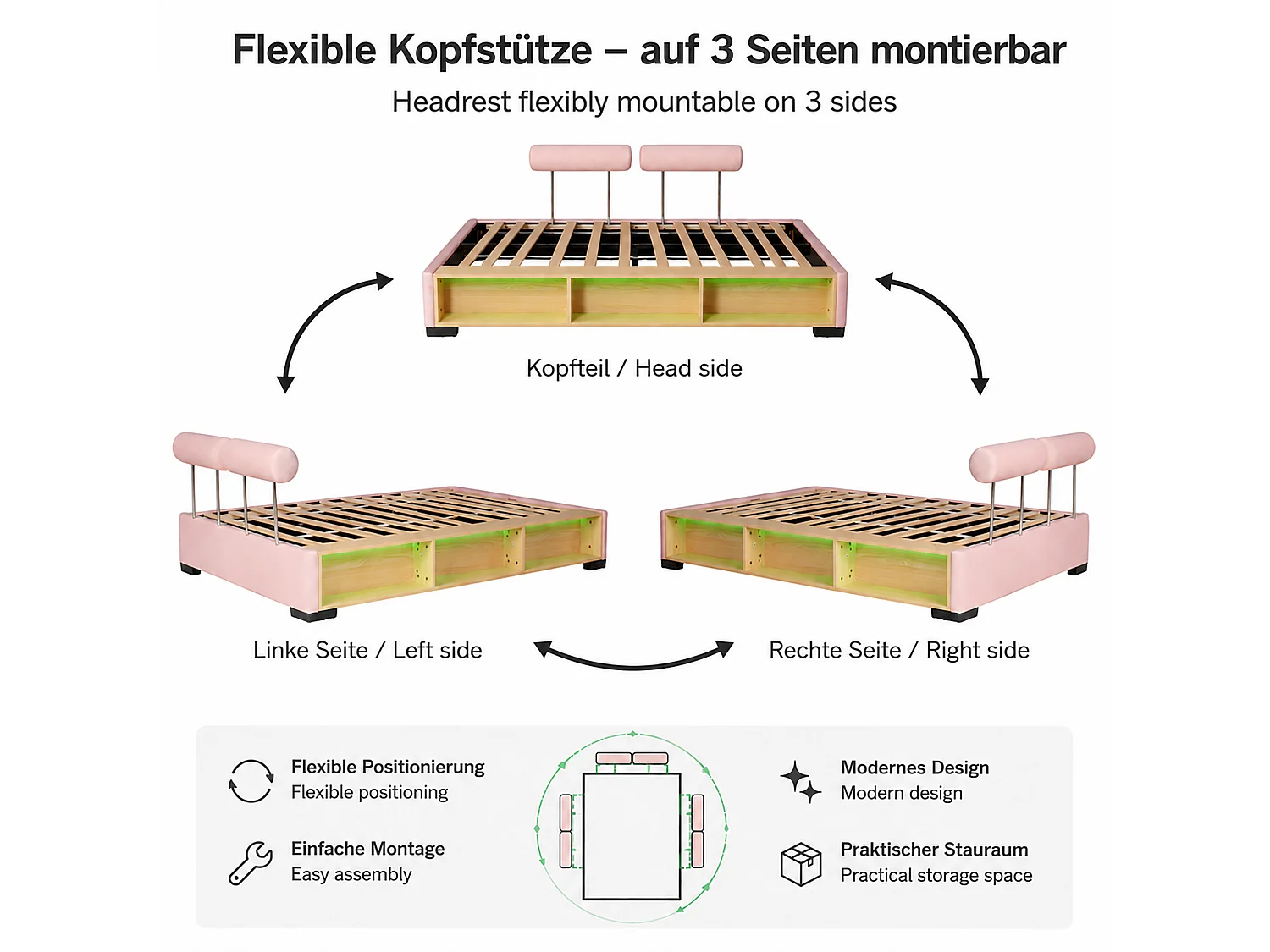 Lit capitonné 140 x 200 cm avec étagère latérale LED et rangements ouverts – Velours – Rose (Sans matelas)