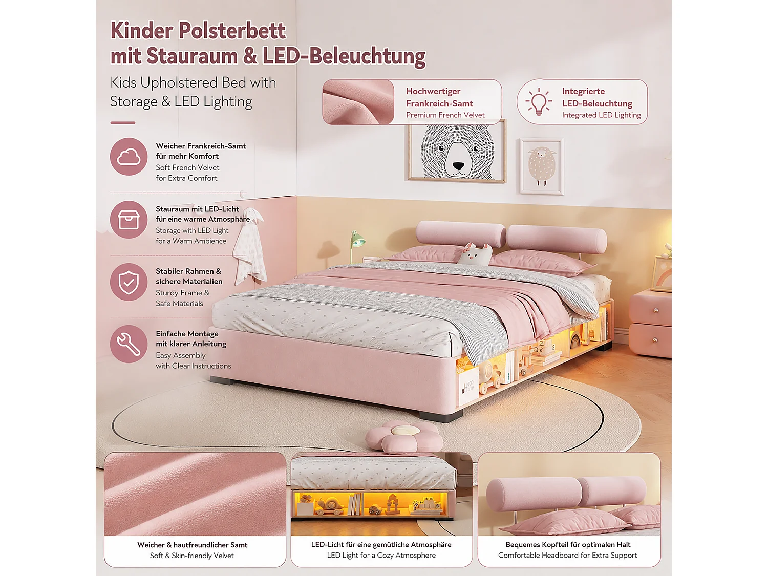 Lit capitonné 140 x 200 cm avec étagère latérale LED et rangements ouverts – Velours – Rose (Sans matelas)