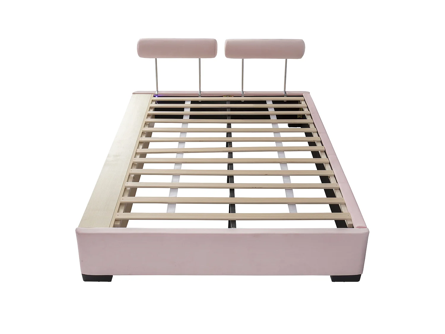Lit capitonné 140 x 200 cm avec étagère latérale LED et rangements ouverts – Velours – Rose (Sans matelas)