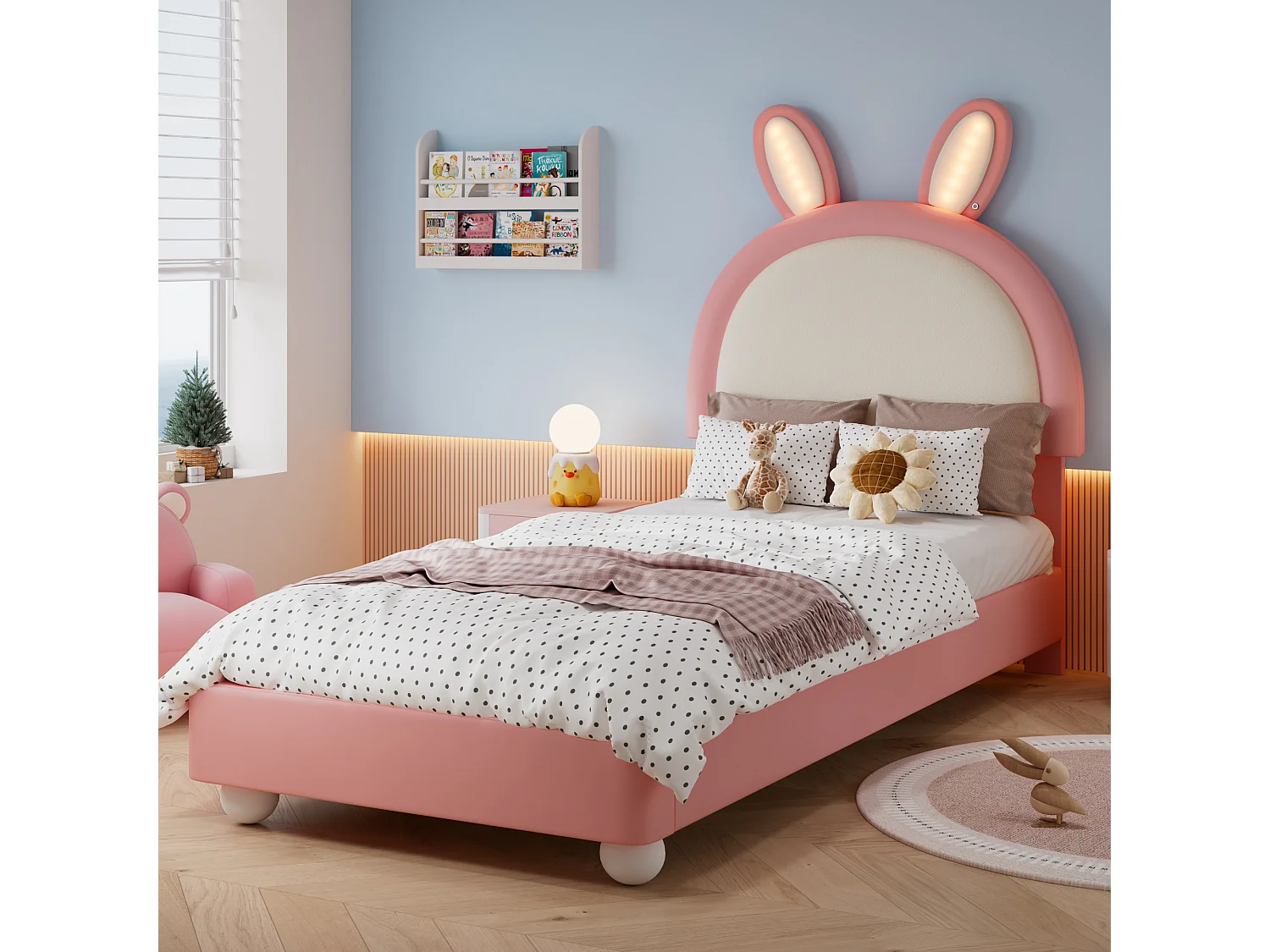 Lit capitonné 90 x 200 cm avec tête de lit en forme de lapin et éclairage LED - PU et contreplaqué - Rose et blanc (Sans matelas)