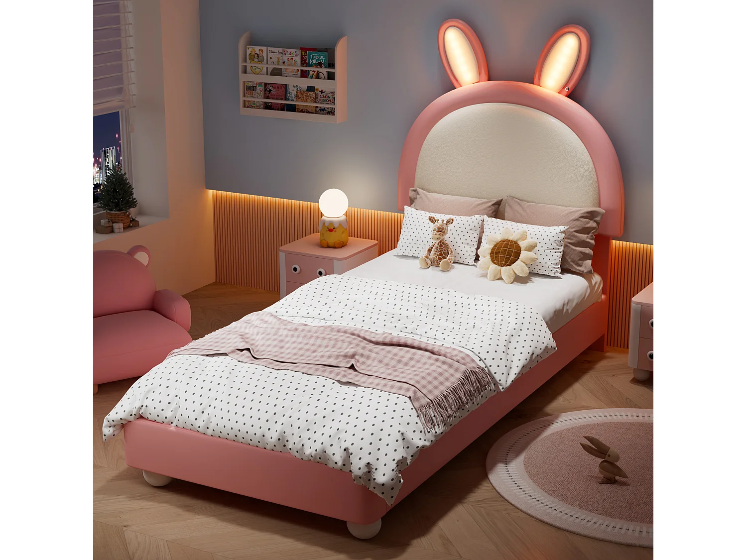 Lit capitonné 90 x 200 cm avec tête de lit en forme de lapin et éclairage LED - PU et contreplaqué - Rose et blanc (Sans matelas)