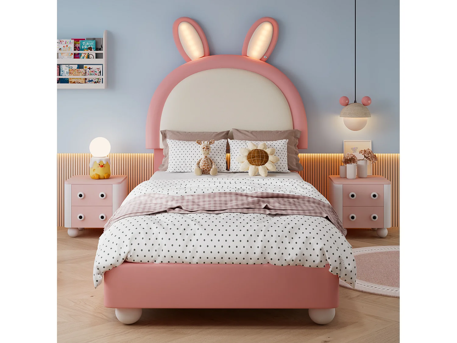 Lit capitonné 90 x 200 cm avec tête de lit en forme de lapin et éclairage LED - PU et contreplaqué - Rose et blanc (Sans matelas)