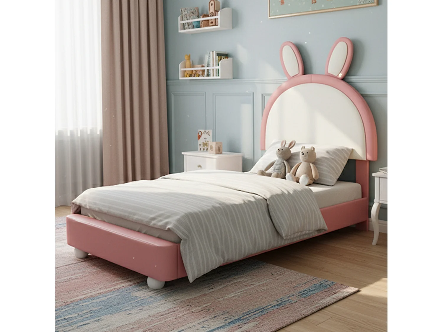 Lit capitonné 90 x 200 cm avec tête de lit en forme de lapin et éclairage LED - PU et contreplaqué - Rose et blanc (Sans matelas)