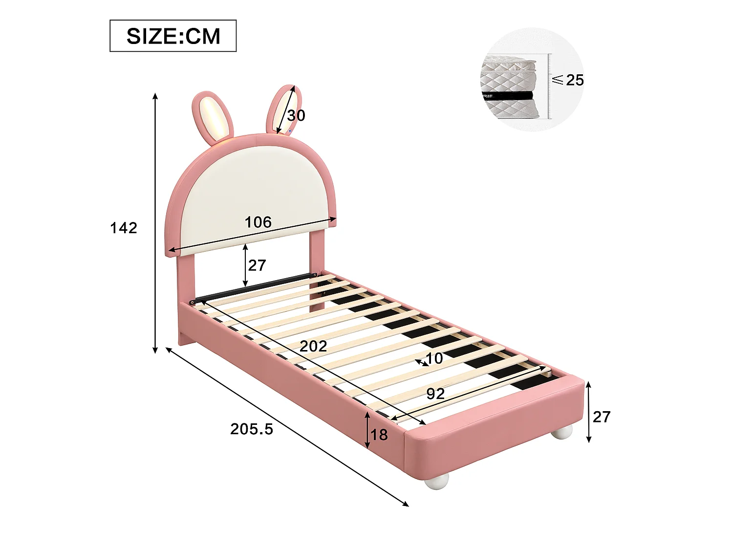 Lit capitonné 90 x 200 cm avec tête de lit en forme de lapin et éclairage LED - PU et contreplaqué - Rose et blanc (Sans matelas)