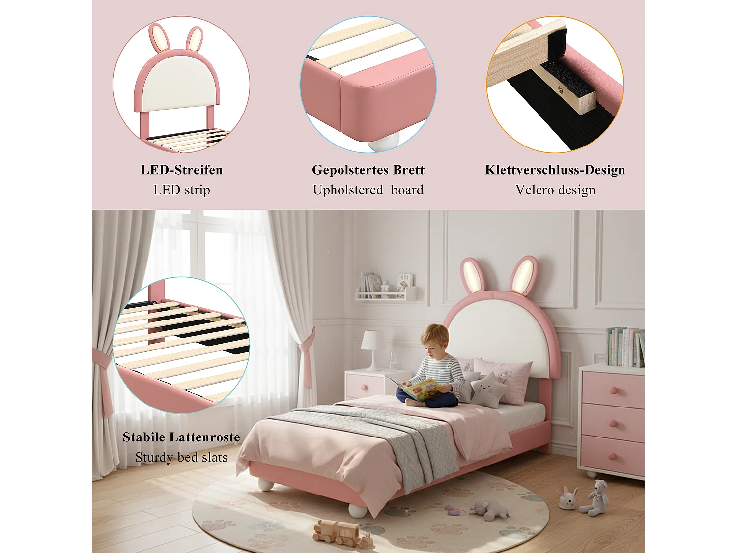 Lit capitonné 90 x 200 cm avec tête de lit en forme de lapin et éclairage LED - PU et contreplaqué - Rose et blanc (Sans matelas)