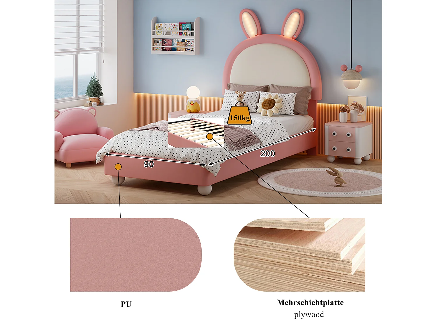 Lit capitonné 90 x 200 cm avec tête de lit en forme de lapin et éclairage LED - PU et contreplaqué - Rose et blanc (Sans matelas)