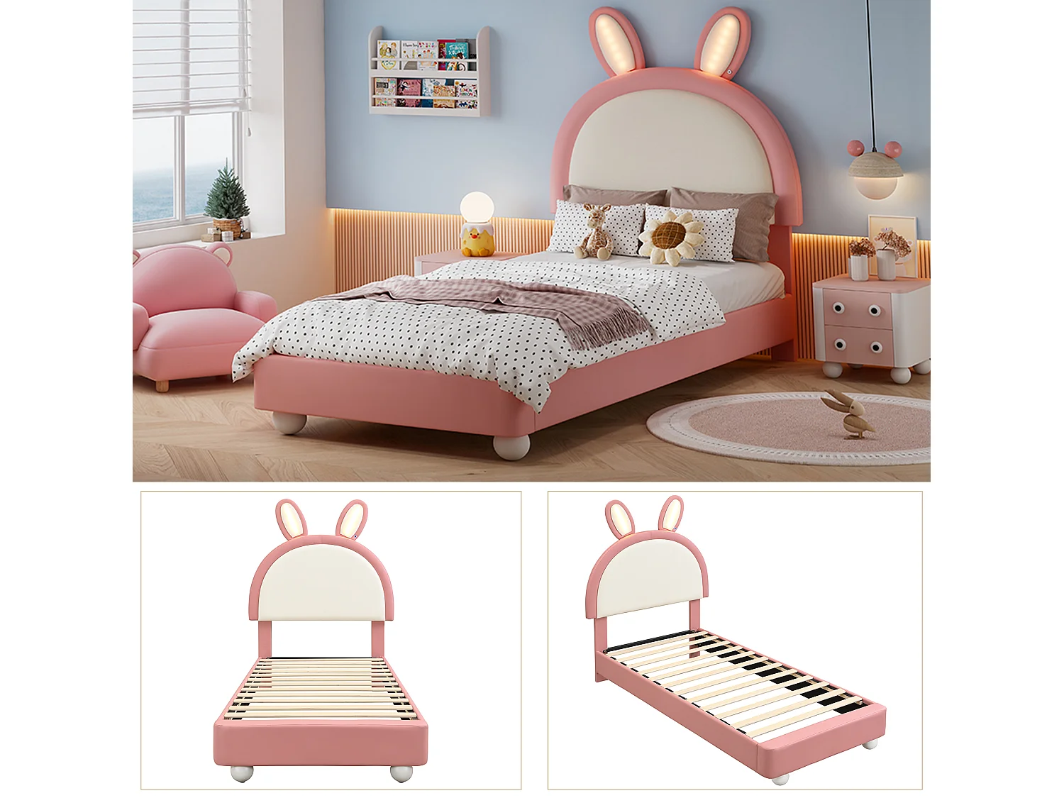 Lit capitonné 90 x 200 cm avec tête de lit en forme de lapin et éclairage LED - PU et contreplaqué - Rose et blanc (Sans matelas)