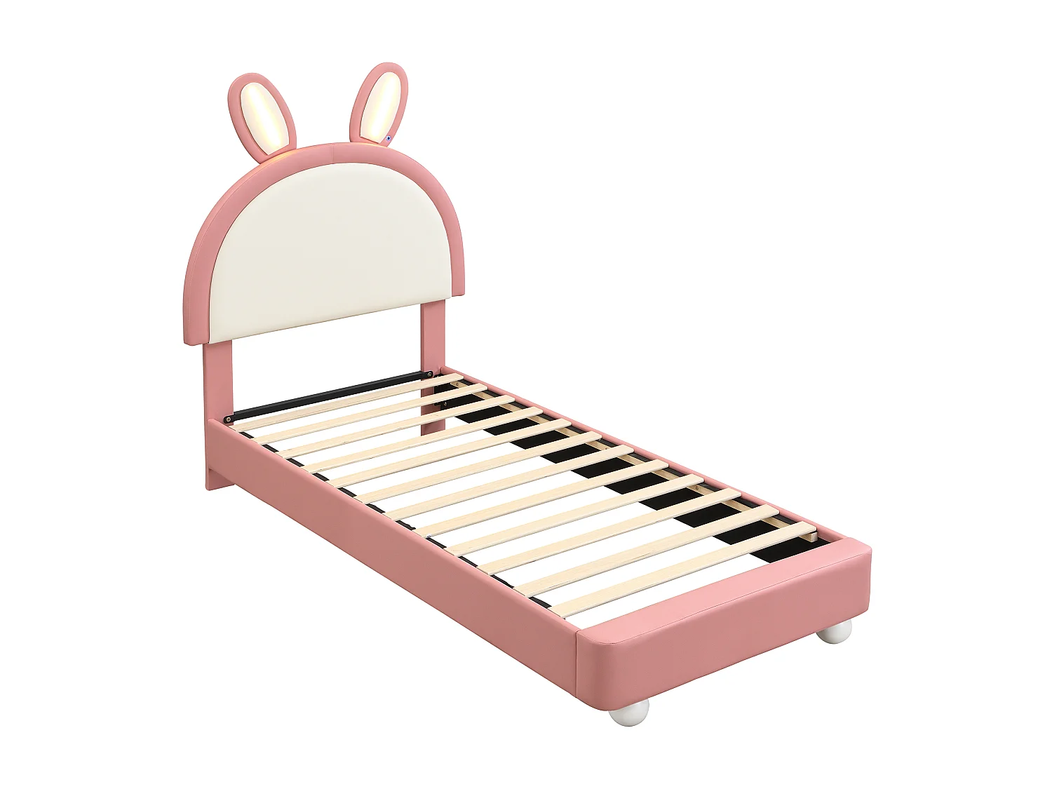Lit capitonné 90 x 200 cm avec tête de lit en forme de lapin et éclairage LED - PU et contreplaqué - Rose et blanc (Sans matelas)