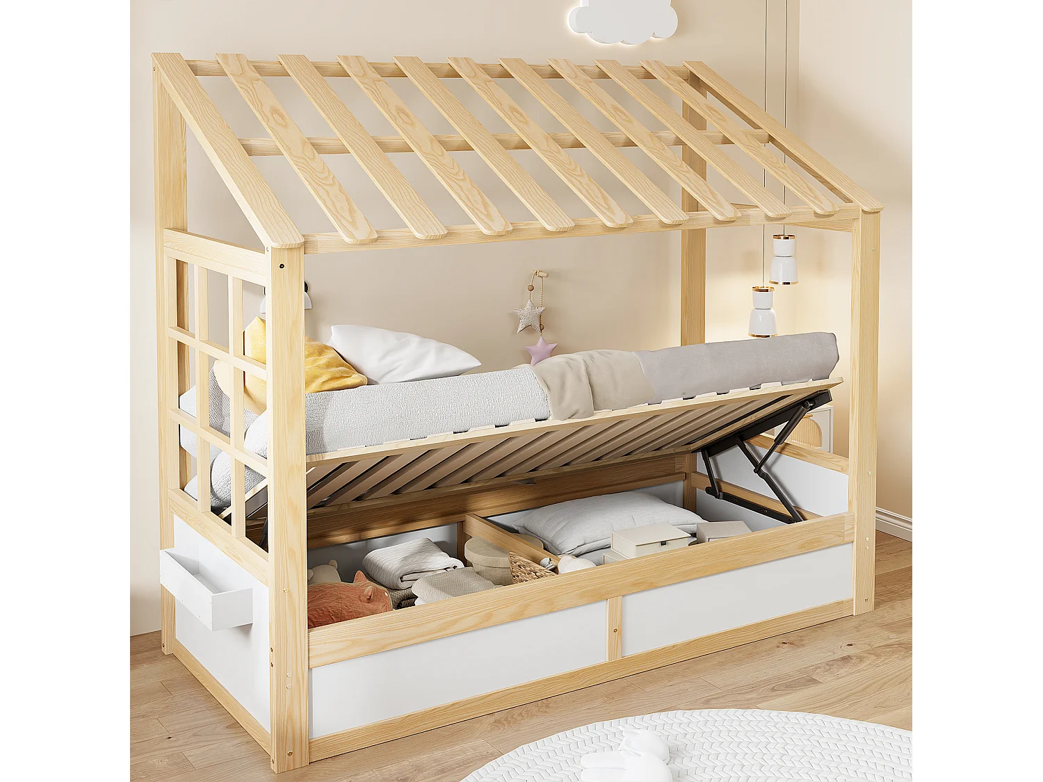 Kinderbed 90 x 200 cm met dak, ramen, hydraulisch opbergvak en zijvakken - Metaal + MDF - Natuurlijk hout + wit (Matras niet inbegrepen)
