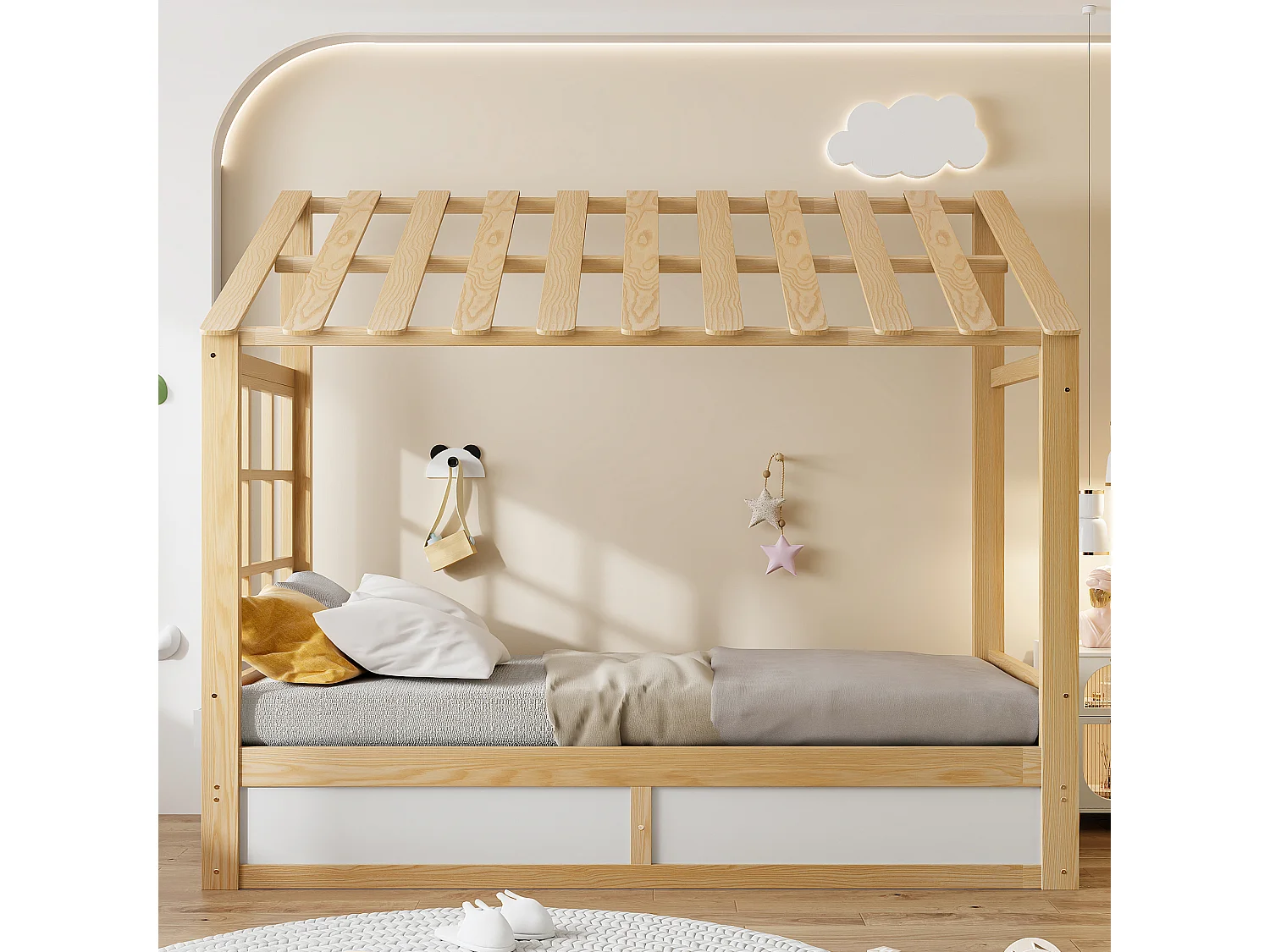 Kinderbed 90 x 200 cm met dak, ramen, hydraulisch opbergvak en zijvakken - Metaal + MDF - Natuurlijk hout + wit (Matras niet inbegrepen)