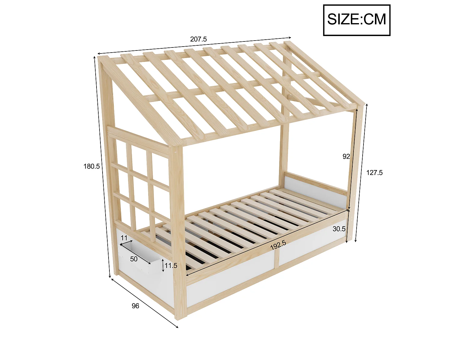 Kinderbed 90 x 200 cm met dak, ramen, hydraulisch opbergvak en zijvakken - Metaal + MDF - Natuurlijk hout + wit (Matras niet inbegrepen)