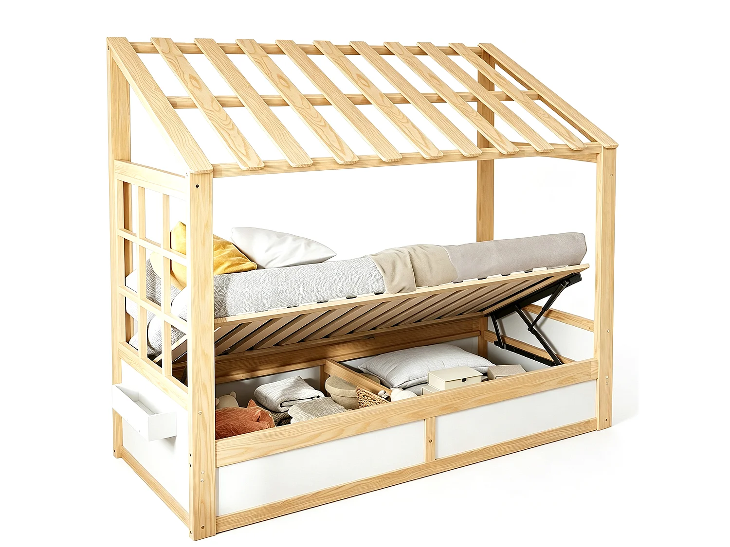 Kinderbed 90 x 200 cm met dak, ramen, hydraulisch opbergvak en zijvakken - Metaal + MDF - Natuurlijk hout + wit (Matras niet inbegrepen)