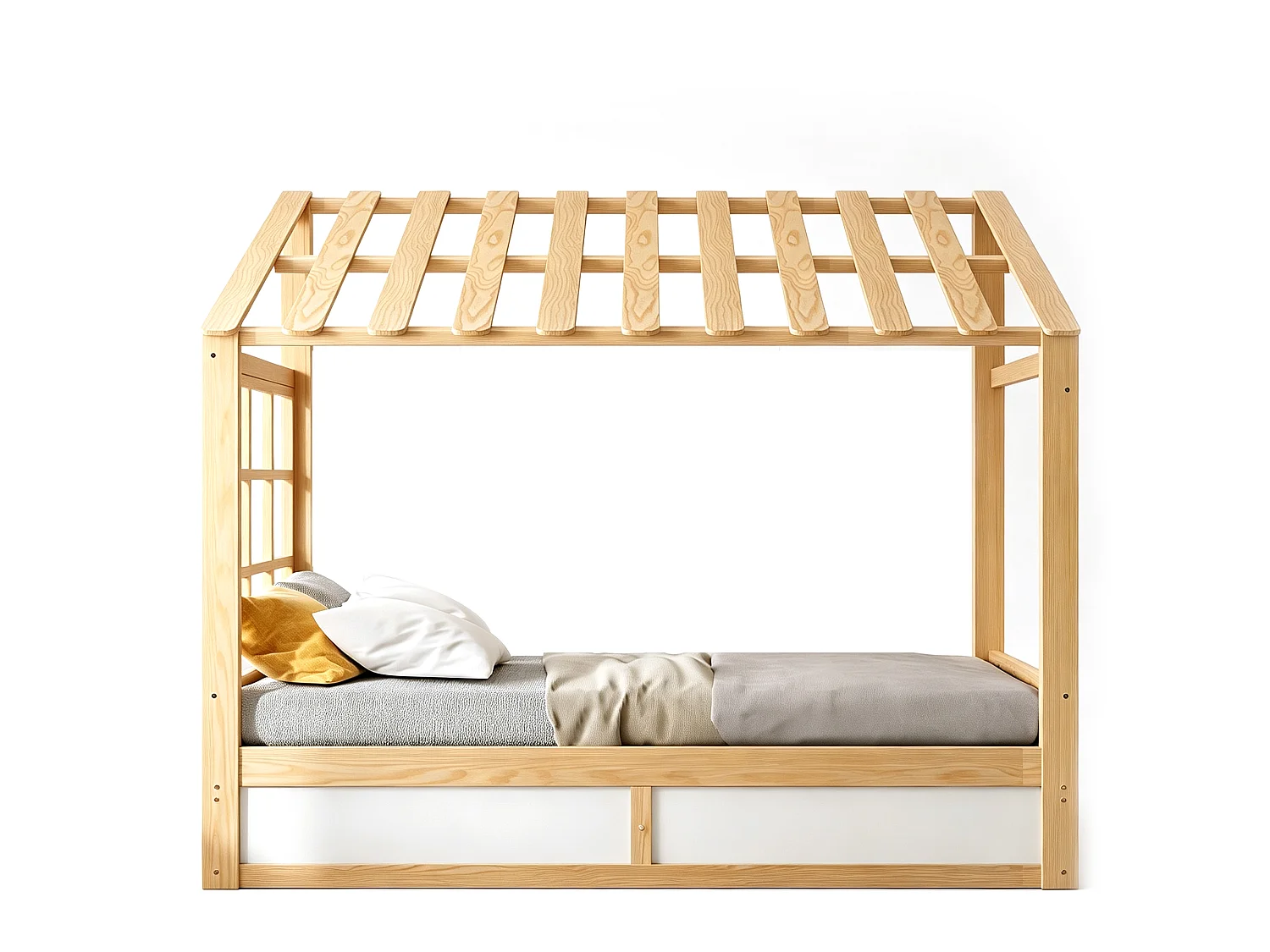 Kinderbed 90 x 200 cm met dak, ramen, hydraulisch opbergvak en zijvakken - Metaal + MDF - Natuurlijk hout + wit (Matras niet inbegrepen)