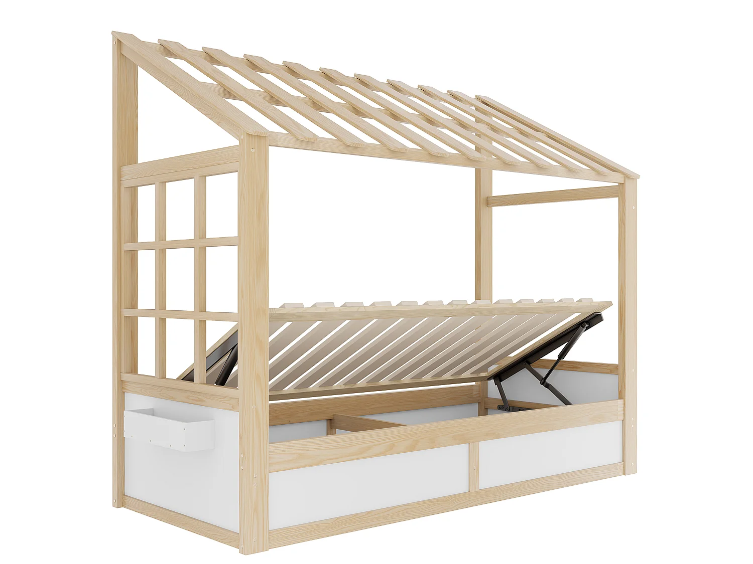 Kinderbed 90 x 200 cm met dak, ramen, hydraulisch opbergvak en zijvakken - Metaal + MDF - Natuurlijk hout + wit (Matras niet inbegrepen)