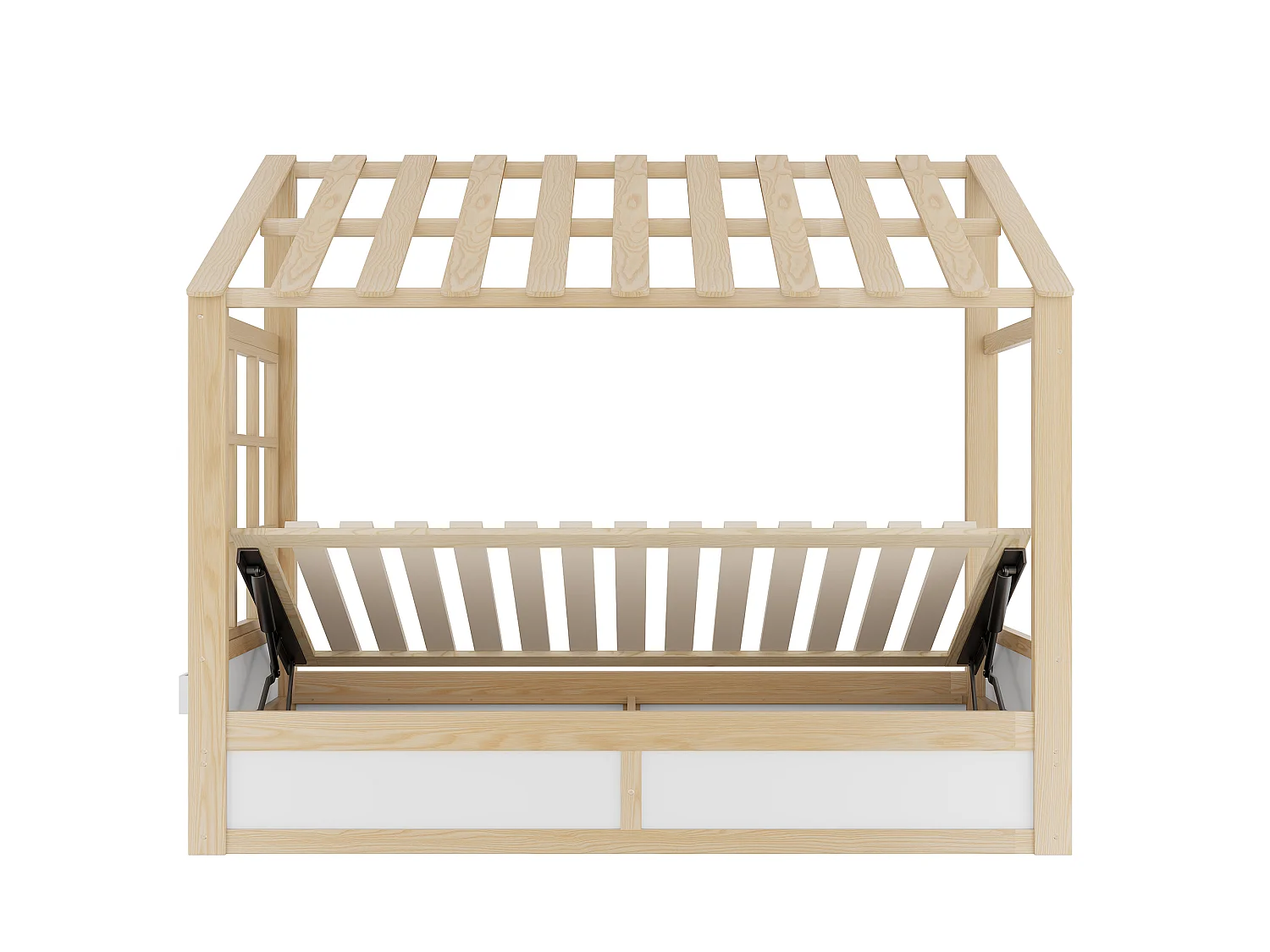 Kinderbed 90 x 200 cm met dak, ramen, hydraulisch opbergvak en zijvakken - Metaal + MDF - Natuurlijk hout + wit (Matras niet inbegrepen)