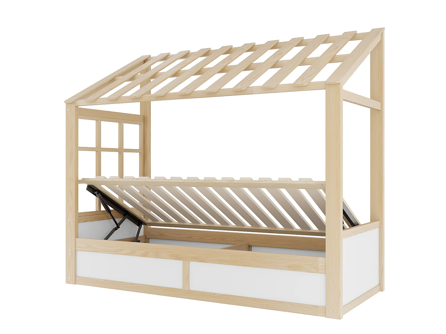 Kinderbed 90 x 200 cm met dak, ramen, hydraulisch opbergvak en zijvakken - Metaal + MDF - Natuurlijk hout + wit (Matras niet inbegrepen)