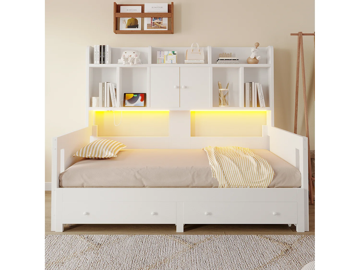Letto estraibile 90/180 x 190 cm con 2 cassetti, 2 ante e ripiani a giorno, illuminazione a LED e presa elettrica – MDF/compensato – Bianco (materasso non incluso)