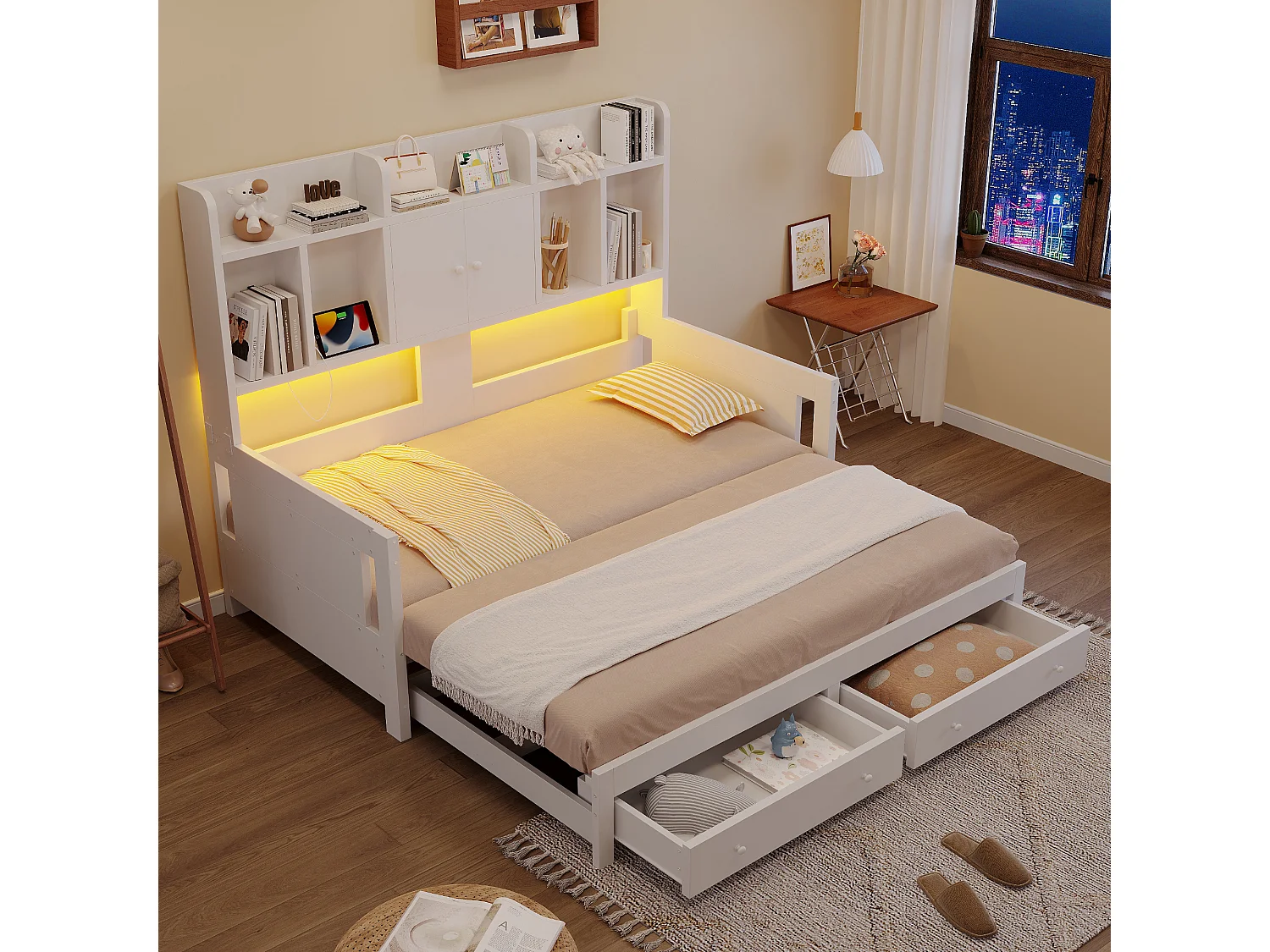 Letto estraibile 90/180 x 190 cm con 2 cassetti, 2 ante e ripiani a giorno, illuminazione a LED e presa elettrica – MDF/compensato – Bianco (materasso non incluso)