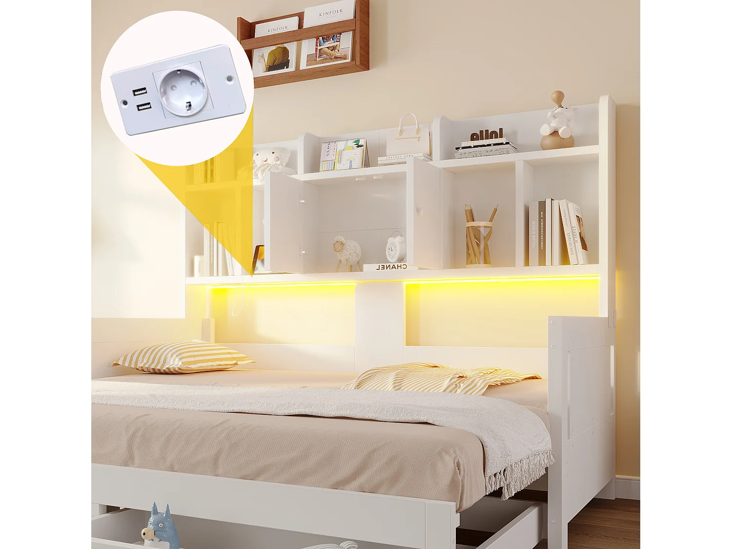 Letto estraibile 90/180 x 190 cm con 2 cassetti, 2 ante e ripiani a giorno, illuminazione a LED e presa elettrica – MDF/compensato – Bianco (materasso non incluso)
