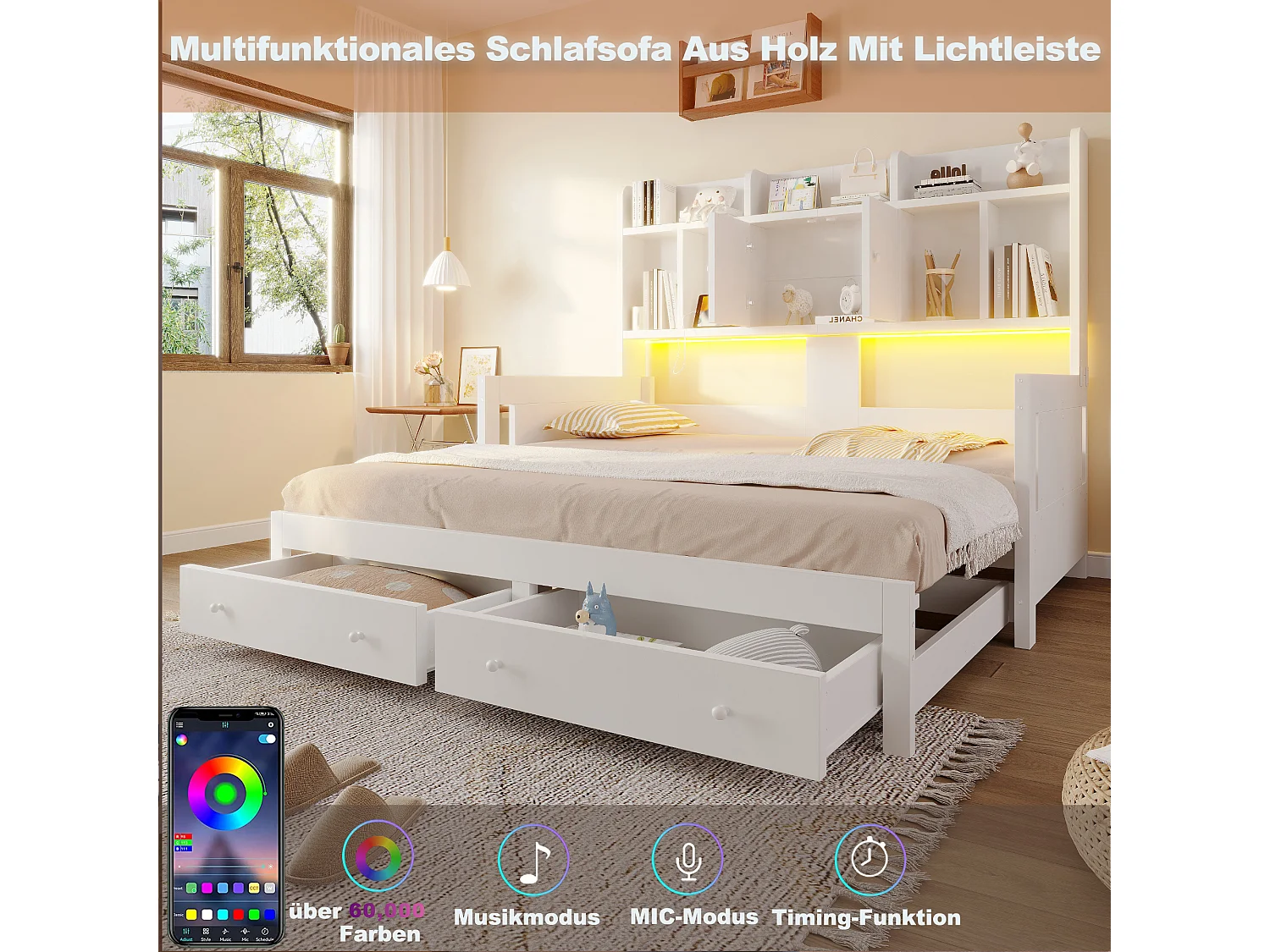 Letto estraibile 90/180 x 190 cm con 2 cassetti, 2 ante e ripiani a giorno, illuminazione a LED e presa elettrica – MDF/compensato – Bianco (materasso non incluso)