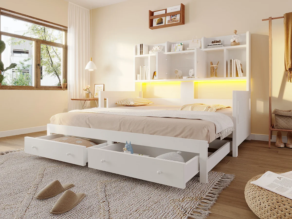 Letto estraibile 90/180 x 190 cm con 2 cassetti, 2 ante e ripiani a giorno, illuminazione a LED e presa elettrica – MDF/compensato – Bianco (materasso non incluso)