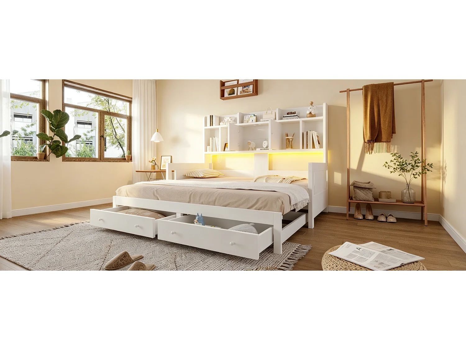 Letto estraibile 90/180 x 190 cm con 2 cassetti, 2 ante e ripiani a giorno, illuminazione a LED e presa elettrica – MDF/compensato – Bianco (materasso non incluso)