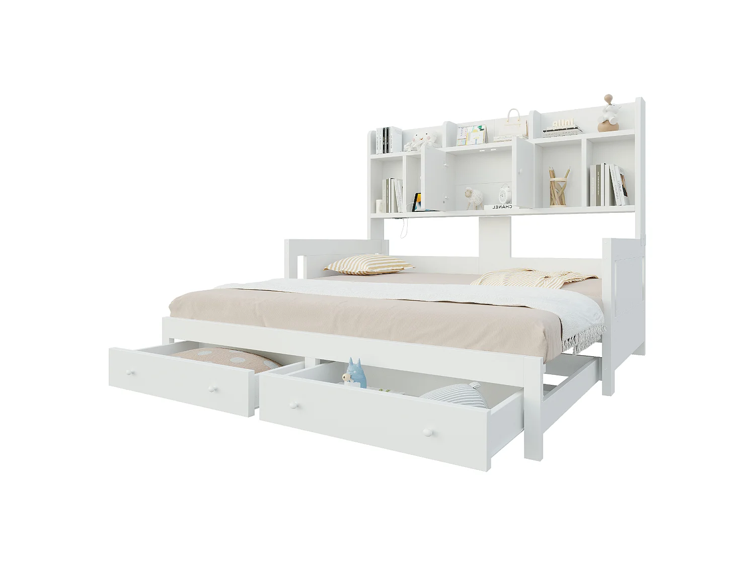 Letto estraibile 90/180 x 190 cm con 2 cassetti, 2 ante e ripiani a giorno, illuminazione a LED e presa elettrica – MDF/compensato – Bianco (materasso non incluso)