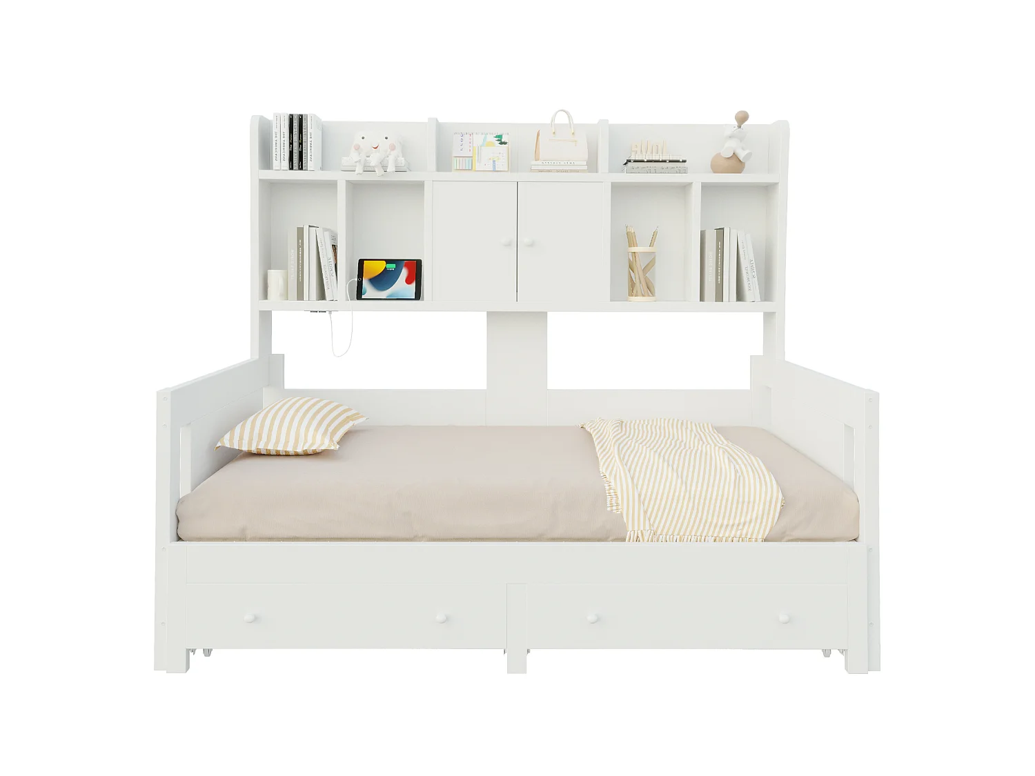 Letto estraibile 90/180 x 190 cm con 2 cassetti, 2 ante e ripiani a giorno, illuminazione a LED e presa elettrica – MDF/compensato – Bianco (materasso non incluso)