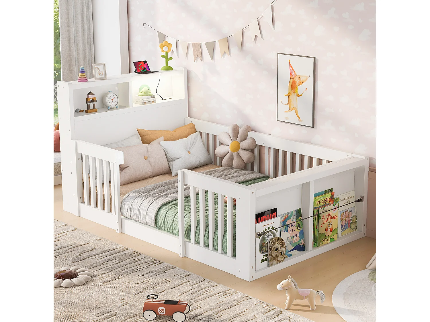 Kinderbed 90 x 190 cm met veiligheidshekje, opbergruimte en USB-poort - Grenenhout + MDF - Wit (Matras niet inbegrepen)