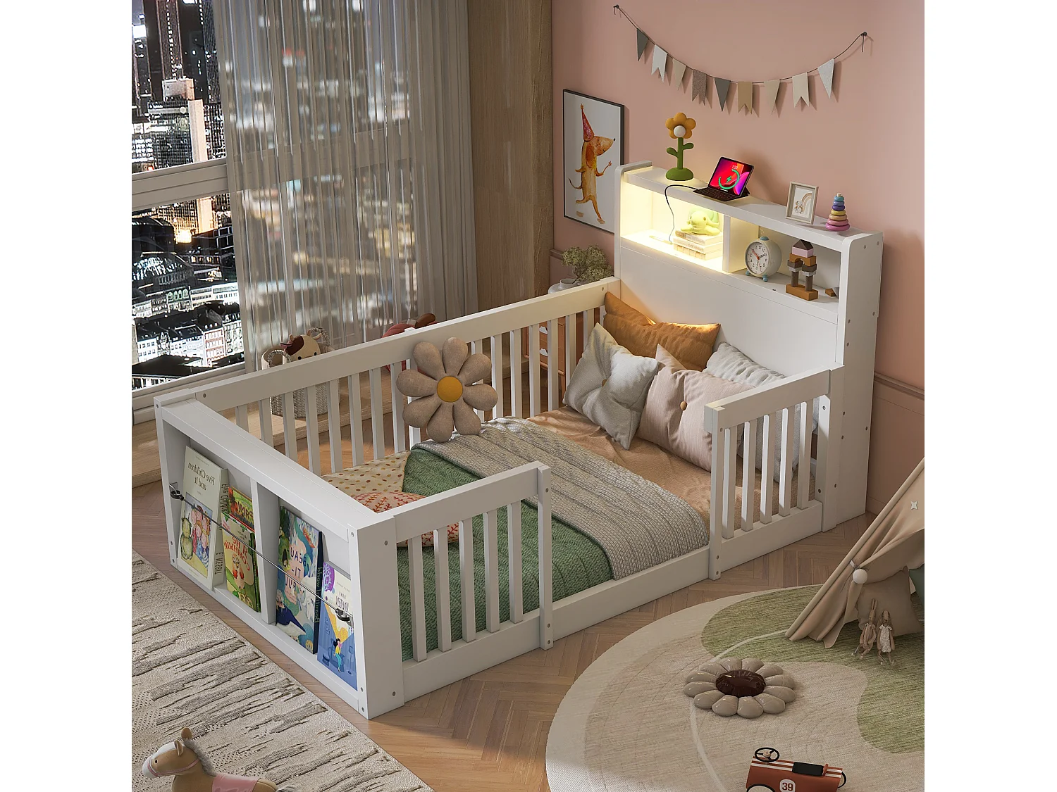 Kinderbed 90 x 190 cm met veiligheidshekje, opbergruimte en USB-poort - Grenenhout + MDF - Wit (Matras niet inbegrepen)