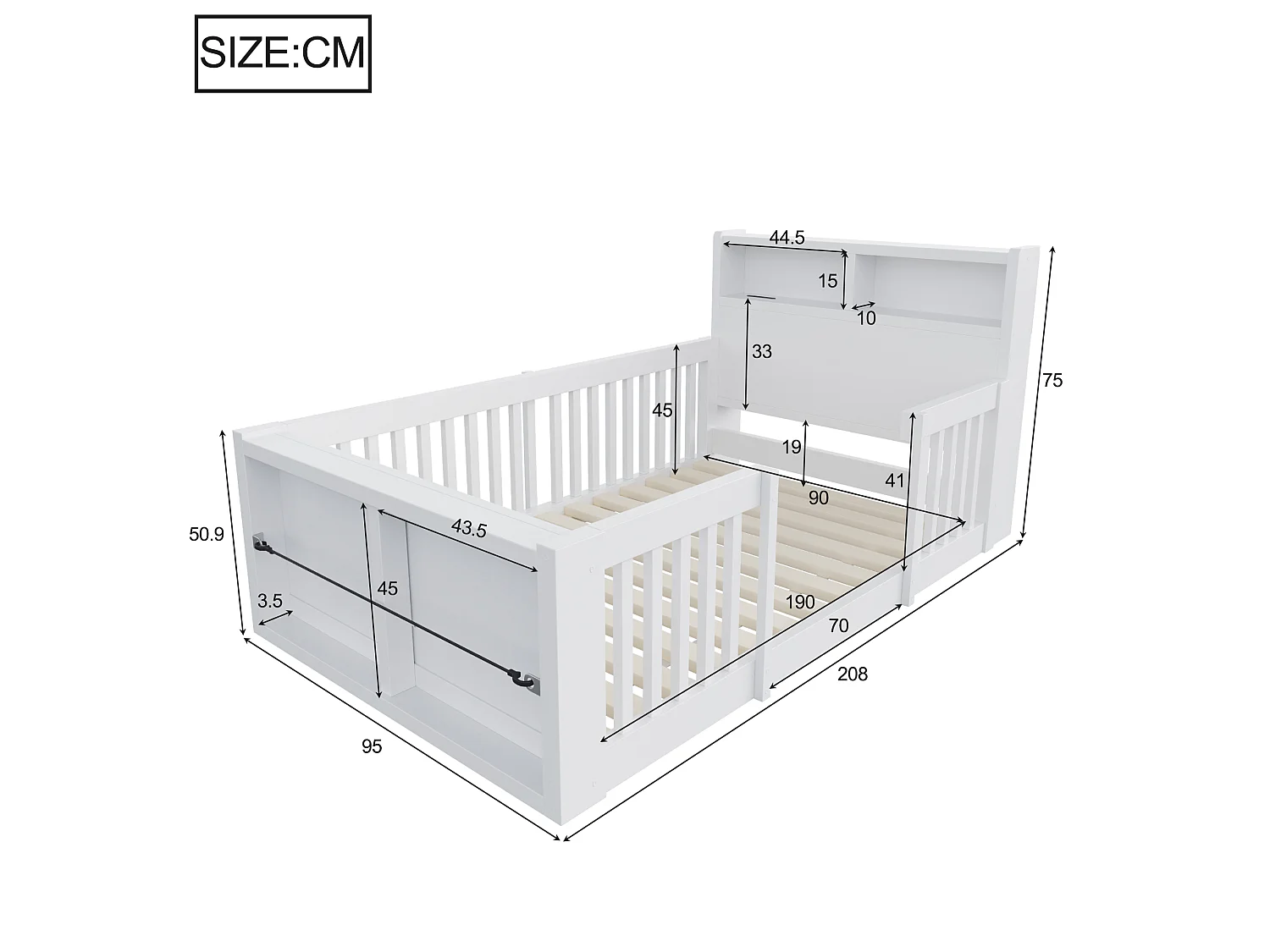 Kinderbed 90 x 190 cm met veiligheidshekje, opbergruimte en USB-poort - Grenenhout + MDF - Wit (Matras niet inbegrepen)