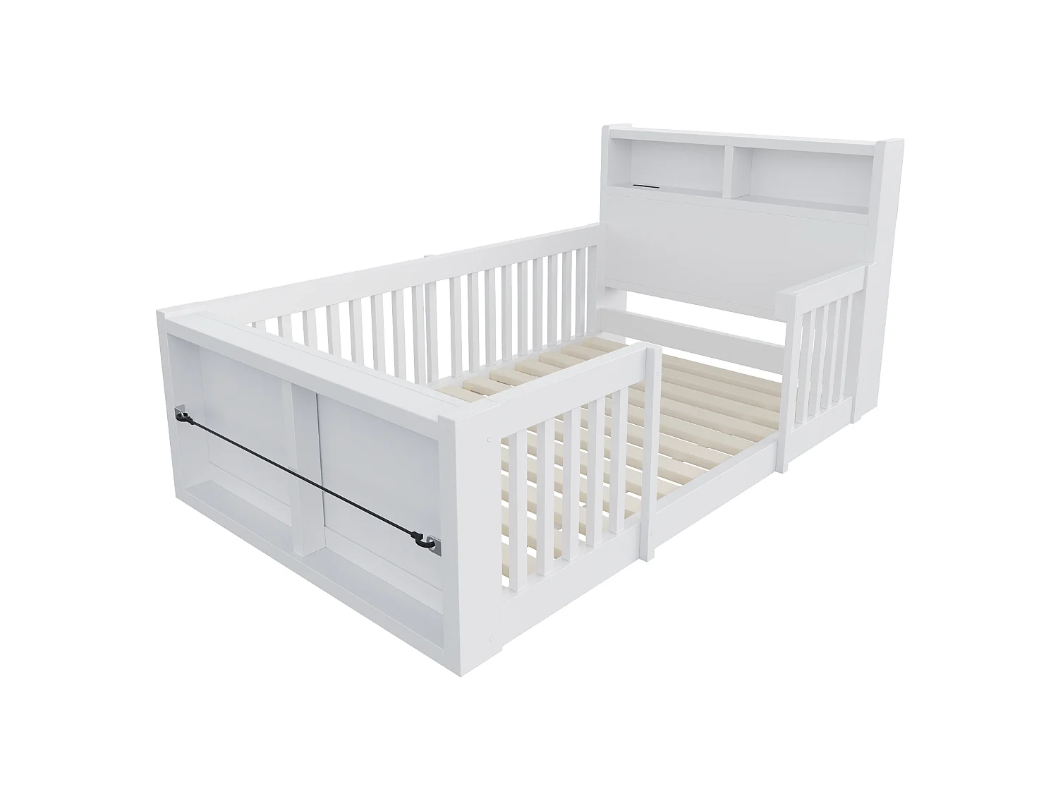 Kinderbed 90 x 190 cm met veiligheidshekje, opbergruimte en USB-poort - Grenenhout + MDF - Wit (Matras niet inbegrepen)