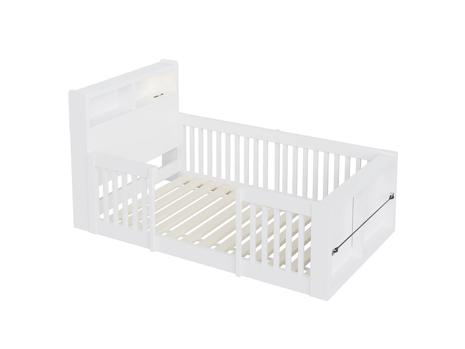 Kinderbed 90 x 190 cm met veiligheidshekje, opbergruimte en USB-poort - Grenenhout + MDF - Wit (Matras niet inbegrepen)